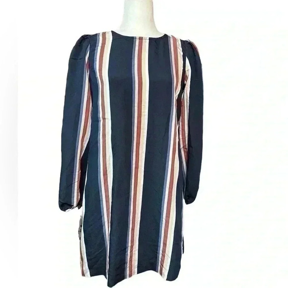 Cremieux French Riviera Luca Blue, Orange, Tan, White Striped Mini Shift Dress - Picture 1 of 6